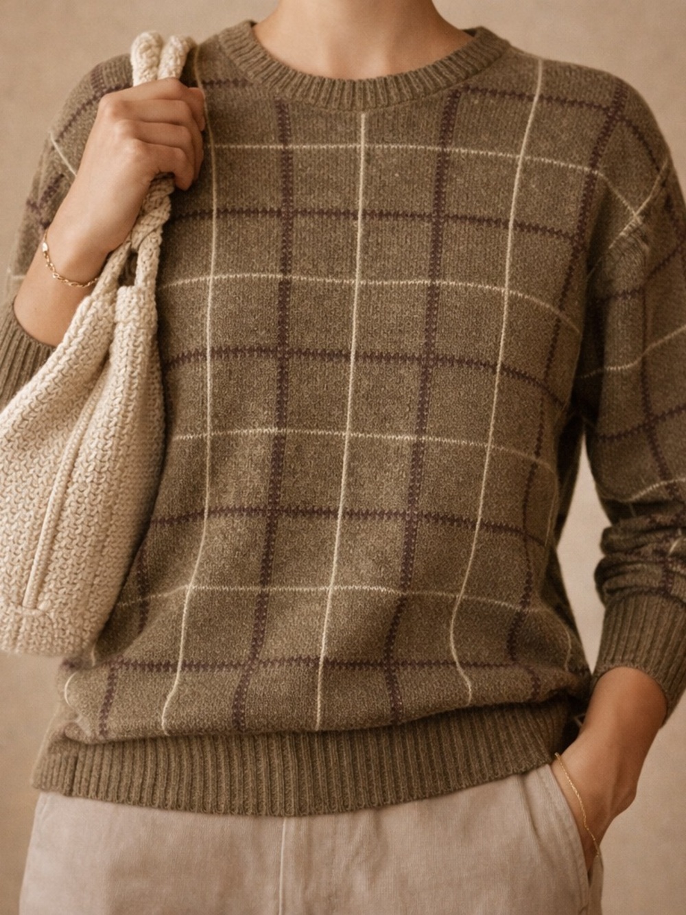 Windowpane Crewneck Sweater in Olive Green